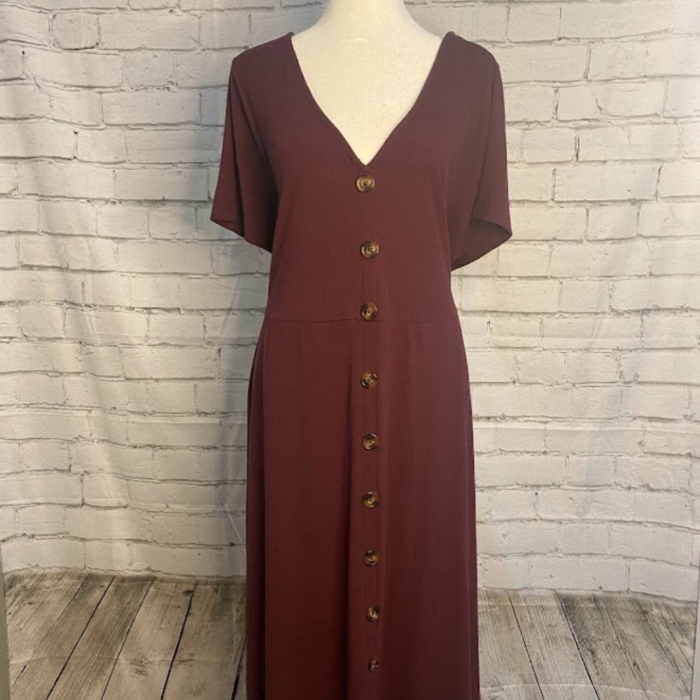 TORRID BURGUNDY PURPLE RIB BUTTON MIDI DRESS SIZE 3 (22-24) WITH POCKETS!